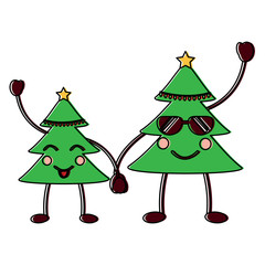 two christmas tree kawaii cartoon smiling