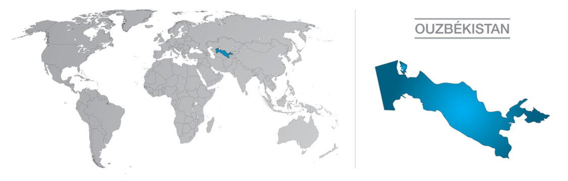 Ouzbékistan dans le monde, avec frontières et tous les pays du monde séparés