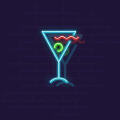 Neon cocktail. Margarita or martini served in glass cocktail bar sign. Isolated geometric style illustration on brick wall background.