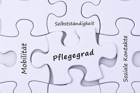 Pflegegrad als Puzzle Teile mit weiteren Schlagworten aus der Pflege