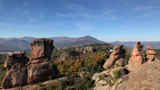 Panning on Belogradchik group of rocks footage - Blue sky and strange formations in Western Bulgaria slow pan