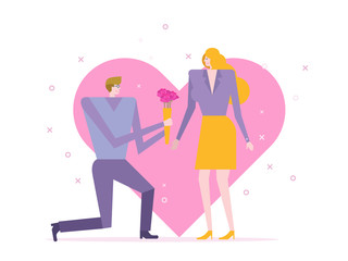 Man give bouquet of rose for Beautiful girl in Valentine's day. Romantic scene. flat design vector illustration