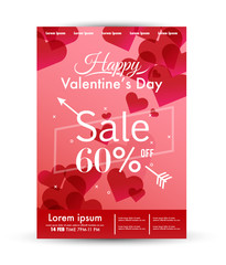 Valentine's Day sale poster template. Red heart background. Design in A3 size. vector illustration