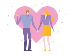 Young couple holding hands and walking. Pink heart in the background. Valentine's Day concept. vector illustration