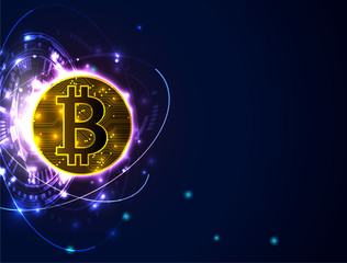 banner with golden bitcoin. Abstract geometric technology shape of glowing particles Light neon