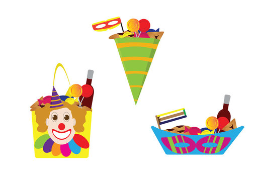 Purim baskets - clown hat, mask and clown face