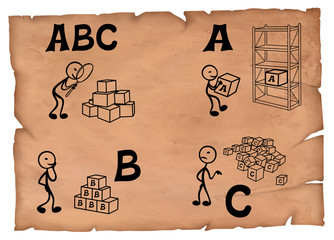 Old-fashioned illustration of a abc concept. Four steps drawing on a parchment.