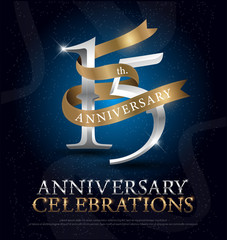 Obraz na płótnie Canvas 15th years anniversary celebration silver and gold logo with golden ribbon on dark blue background. vector illustrator