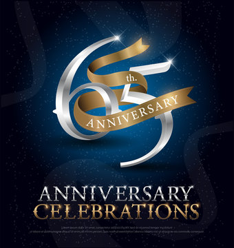 65th Years Anniversary Celebration Silver And Gold Logo With Golden Ribbon On Dark Blue Background. Vector Illustrator