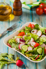 Fresh salad with radish, cucumber, colorful cherry tomatoes. Best for bbq.