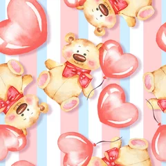 Gordijnen Naadloze patroon met teddybeer en ballonnen. Valentijnsdag. Aquarel illustratie © Gribanessa