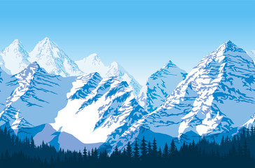 seamless vector blue beautiful mountains with forest panorama pattern