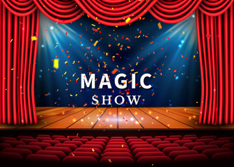 A theater stage with a red curtain and a spotlight and wooden floor. Magic Show poster. Vector
