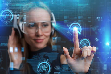 Business internet technology concept. Business Woman chooses Support 24/7 button on a touch screen interface