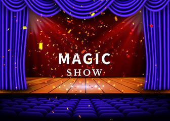 A theater stage with a blue curtain and a spotlight and wooden floor. Magic Show poster. Vector