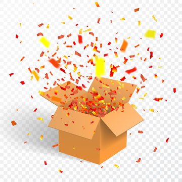 Open Box With Confetti, Cardboard, Vector Container