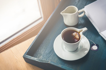 Cup of tea on tray