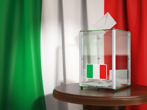 Ballot box with flag of Italy and voting papers.Italian residential or parliamentary election.