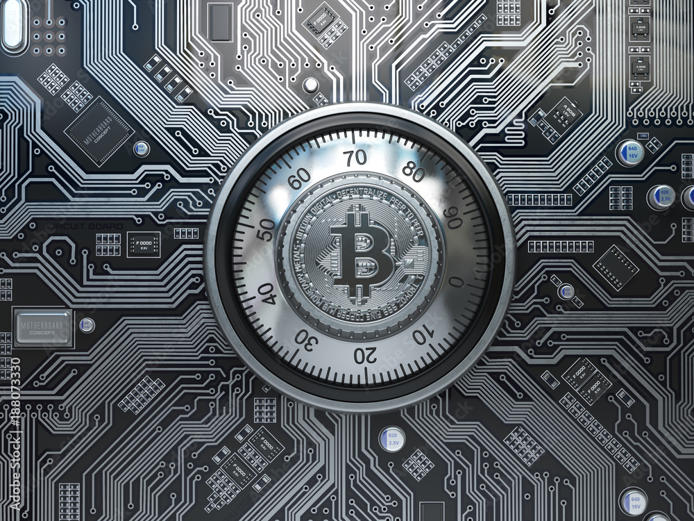 Poster Bitcoin cryptocurrency security  and mining concept. Safe lock with symbol of bitcoin on circuit board.
