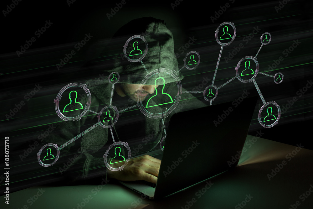 Poster hacker man in the dark using computer to hack data and information system
