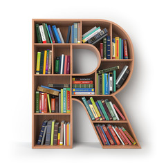 Letter R. Alphabet in the form of shelves with books isolated on white.