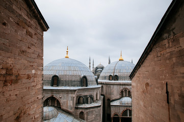 Fototapeta na wymiar Blue mosque Istanbul, view from Hagia Sophia, Domes of Hagia Sophia, Istanbul, Turkey.