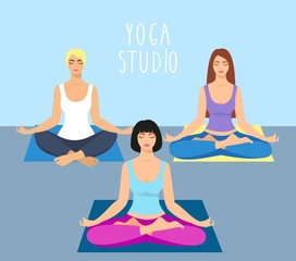 a group of girls doing yoga in the studio. women in lotus position. Meditating girl illustration. Yoga woman, meditation, anti-stress people.