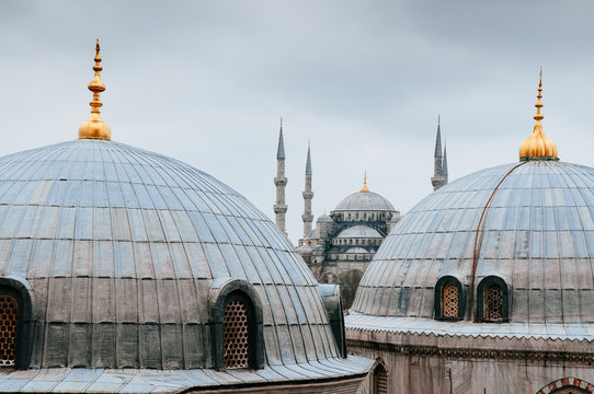 Blue mosque Istanbul, view from Hagia Sophia, Domes of Hagia Sophia, Istanbul, Turkey.