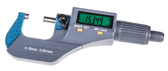 Digital micrometer for precise gauging. The measuring tool with green display isolated on white background.