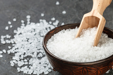 Natural sea salt crystals for SPA treatments. Organic healthy product. Selective focus
