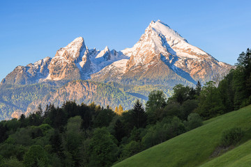 Snow-crowned Watzmann mount in famous Bavarian national park Berchtesgaden