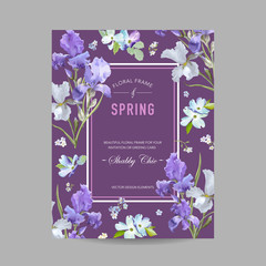 Naklejka premium Floral Bloom Spring Frame with Purple Iris Flowers. Invitation, Poster, Greeting Card Flyer Template. Vector illustration