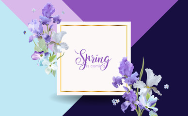 Floral Bloom Spring Banner with Purple Iris Flowers. Invitation, Poster, Greeting Card Flyer Template. Vector illustration