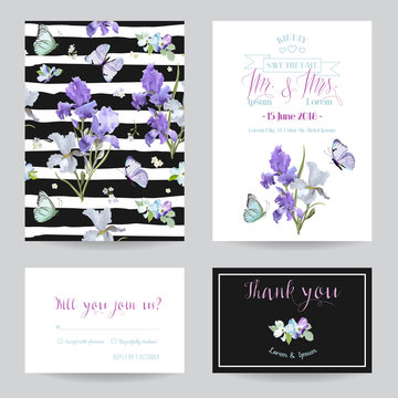 Save the Date Card with Iris Flowers and Butterflies. Floral Wedding Invitation Templates Set. Botanical Design for Greeting Cards. Vector illustration