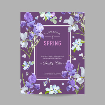 Floral Bloom Spring Frame with Purple Iris Flowers. Invitation, Poster, Greeting Card Flyer Template. Vector illustration
