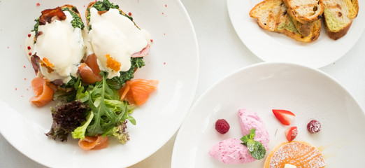 Balanced restaurant breakfast. Healthy organic nutrition concept