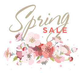 Spring sale background with blooming cherry. Banner template for promotions, advertising, web sites. Vector illustration.