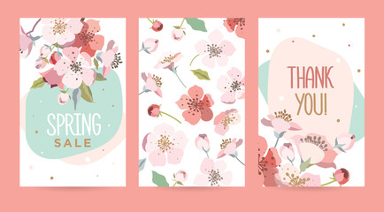A set of cards with blooming cherry. Design template card for the hotel, beauty salon, spa, restaurant, club. Vector illustration of a spring bouquet of flowers.