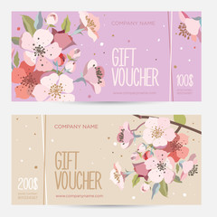 Gift card with сherry blossoms. Invitation card. Coupon template. Background for the invitation, shop, beauty salon, spa. 