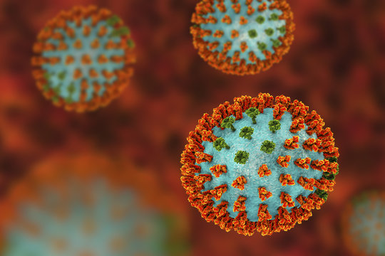 Influenza virus H3M2 strain. 3D illustration showing surface glycoprotein spikes hemagglutinin (orange) and neuraminidase (green)