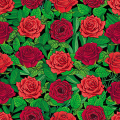 Seamless pattern of hand drawn red roses and leaves on black background, beautiful textile, backdrop, wrapping paper design. Hand-drawn red and scarlet red roses forming seamless background
