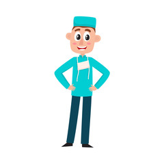 vector flat cartoon adult male doctor, surgeon in green medical uniform - mask cap, holding hands on belt smiling. Isolated illustration on a white background.