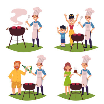 People Make BBQ, Barbeque Outdoors, Cook Meat On Grill, Drink Beer, Cartoon Vector Illustration Isolated On White Background. Set Of People - Chef, Woman, Man, Kid - Making BBQ, Cooking Steaks