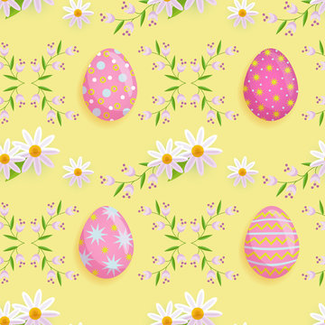 vector easter holiday seamless pattern with spring festive elements - decorated eggs, daisy flowers with leaves for your design. Flat style illustration