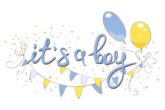 Newborn baby boy / Vector illustration, card with balloons and flags