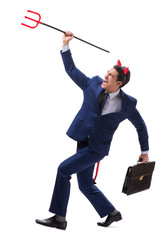 Evil devil businessman with pitchfork isolated on white backgrou