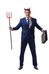 Evil devil businessman with pitchfork isolated on white backgrou