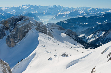 Fototapeta na wymiar View to the Alp peaks from the Pilatus mountain in Luzern, Switzerland.
