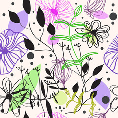 Beautiful fantasy seamless pattern. Decorative vector background with flowers and leaves.