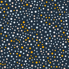 Colorful polka dots seamless pattern on black 7 background. Unusual classic colorful polka dots textile pattern. Seamless scattered confetti fall chaotic decor. Abstract vector illustration.